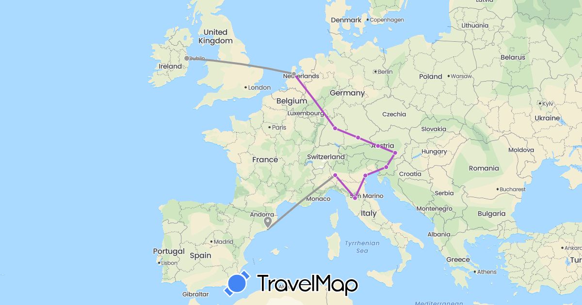 TravelMap itinerary: driving, plane, train in Austria, Germany, Spain, Ireland, Italy, Netherlands, Slovenia (Europe)
